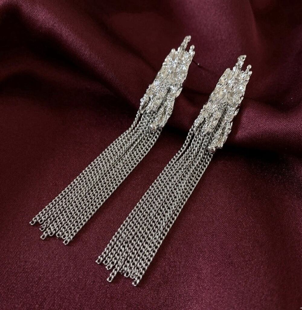Art Deco Revival Silver Earrings Museum Chain Tassel Fringe Molten Modern Art